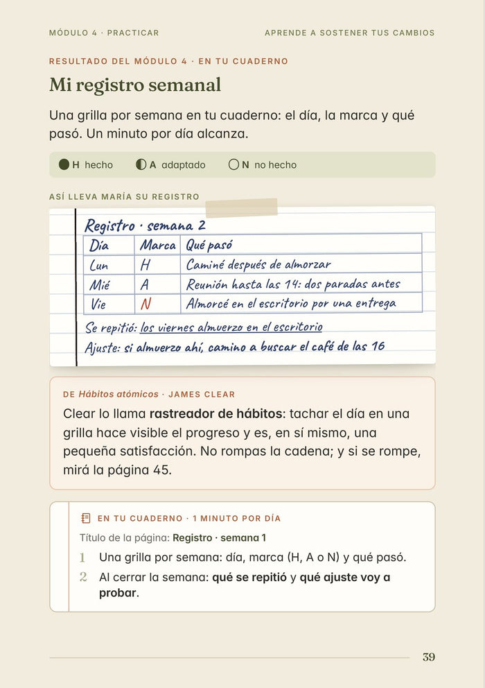 Página interior: ejemplo de registro semanal
